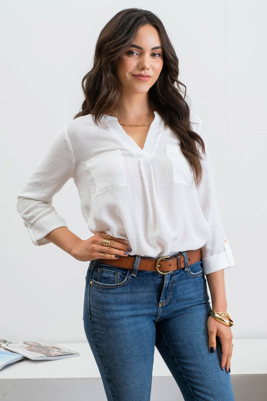 DOUBLE CHEST POCKET WOVEN TOP- WHITE