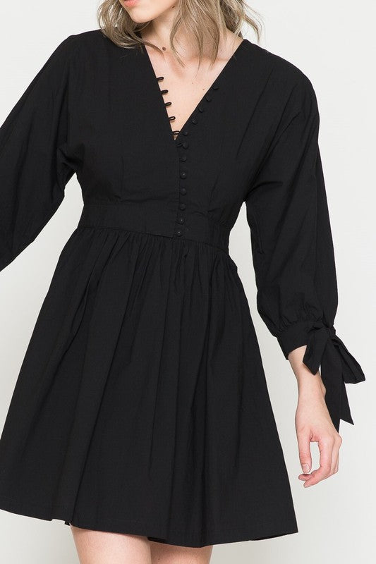 3/4 SLEEVE MINI DRESS WITH BUTTON FRONT - BLACK
