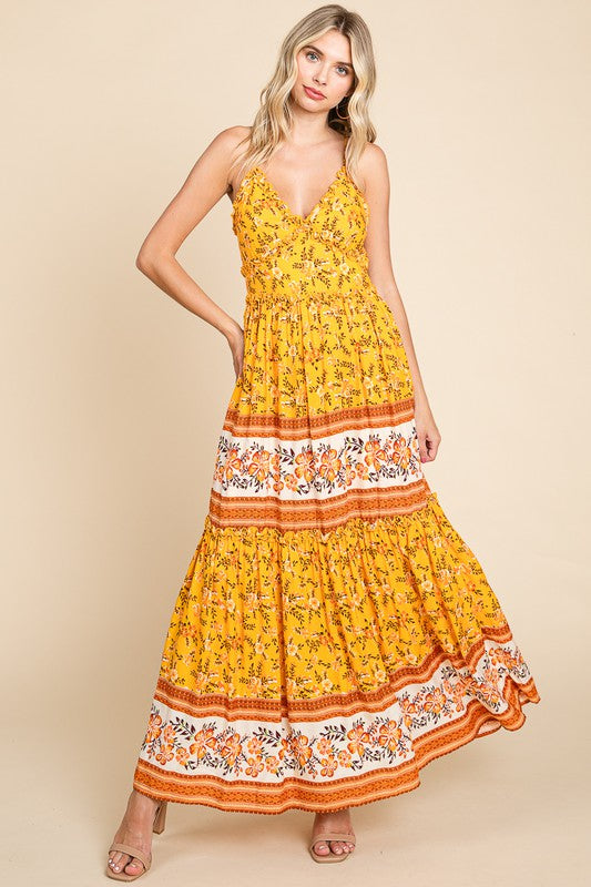 BORDER PRINT TIERED MAXI DRESS - YELLOW