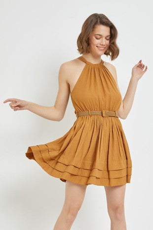 BELTED HALTER DRESS - BROWN