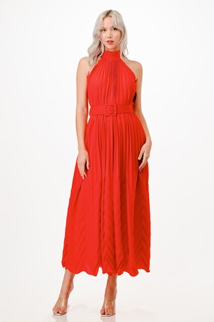 Halter Pleated Midi Dress - RED