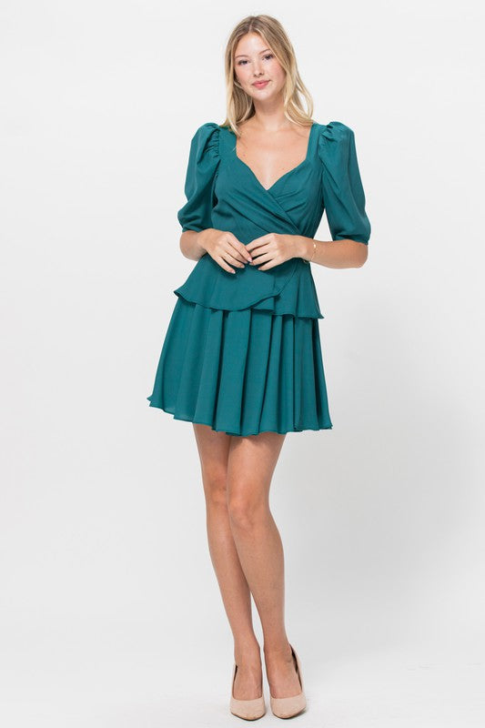 Puff Sleeve Short Dress - GREEN
