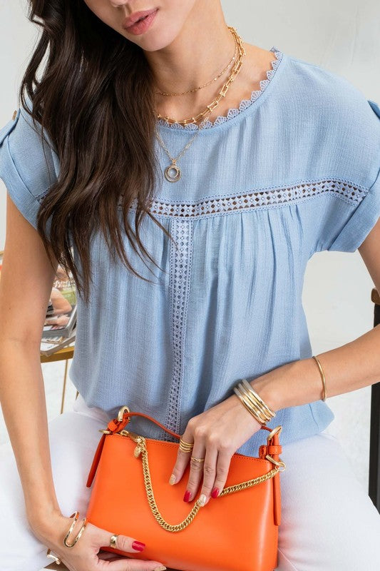 LACE TRIM ROLL TAB SLEEVE BLOUSE- CHAMBRAY