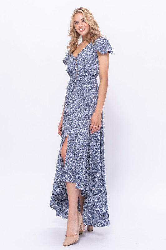 Floral Print High Low Maxi Dress - Blue