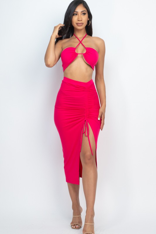 BIKINI TOP AND SKIRT SET FUCHSIA