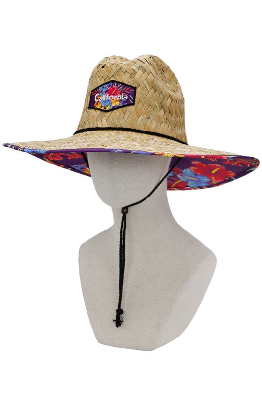 MEN'S HATS - California Hex Patch Hibiscus Tropical Floral Print Fabric Lined Wide Brim Natural Rush Straw Woven Lifeguard Hat